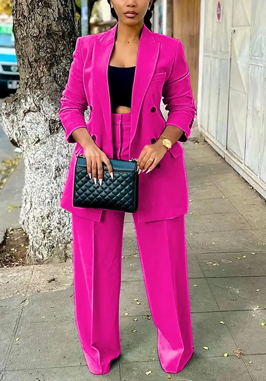 LROSEY 2 Piece Outfits for Women Double Breasted Blazer Jackets High Waisted Wide Leg Pants Suits Set Casual Business
