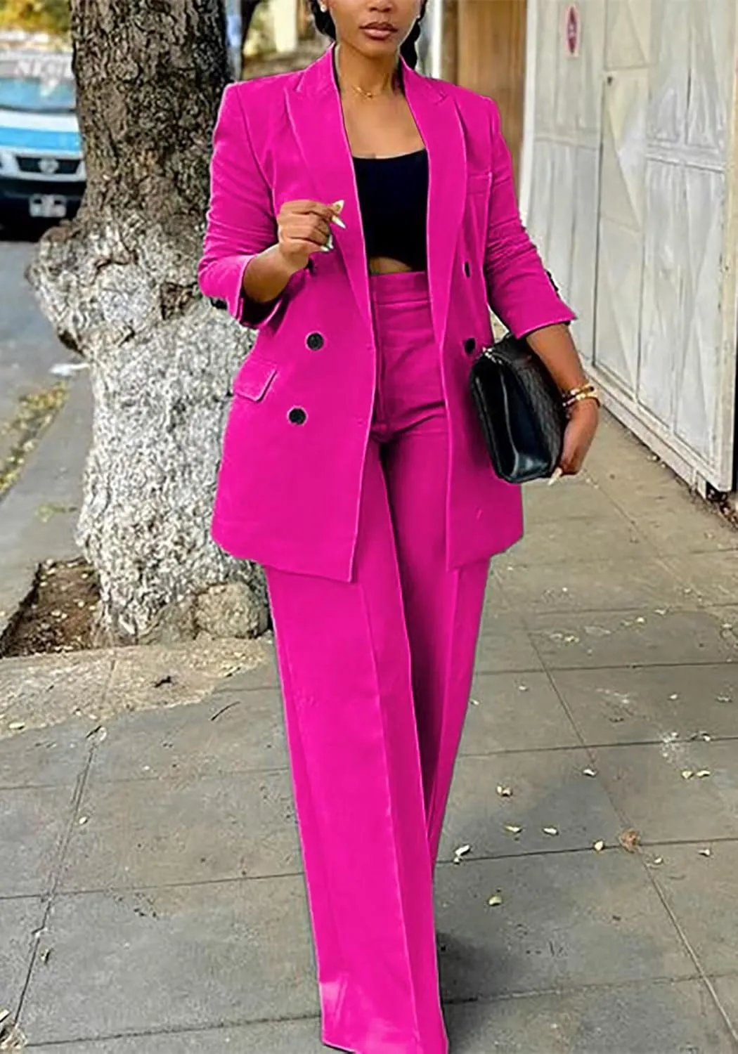 LROSEY 2 Piece Outfits for Women Double Breasted Blazer Jackets High Waisted Wide Leg Pants Suits Set Casual Business