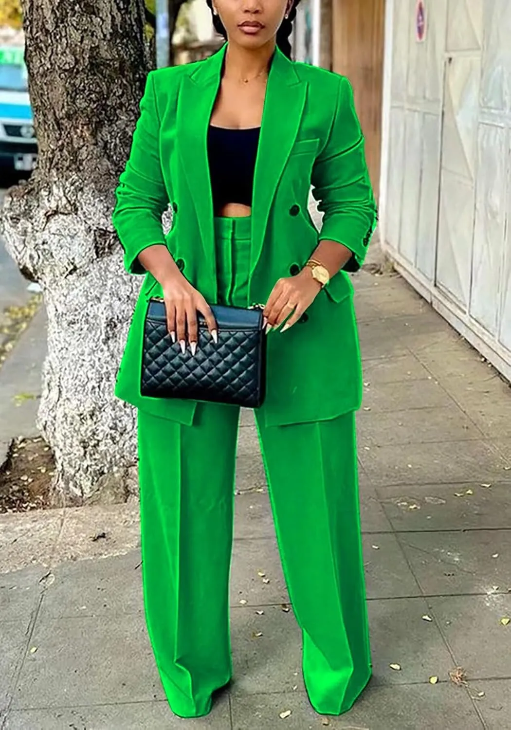 LROSEY 2 Piece Outfits for Women Double Breasted Blazer Jackets High Waisted Wide Leg Pants Suits Set Casual Business
