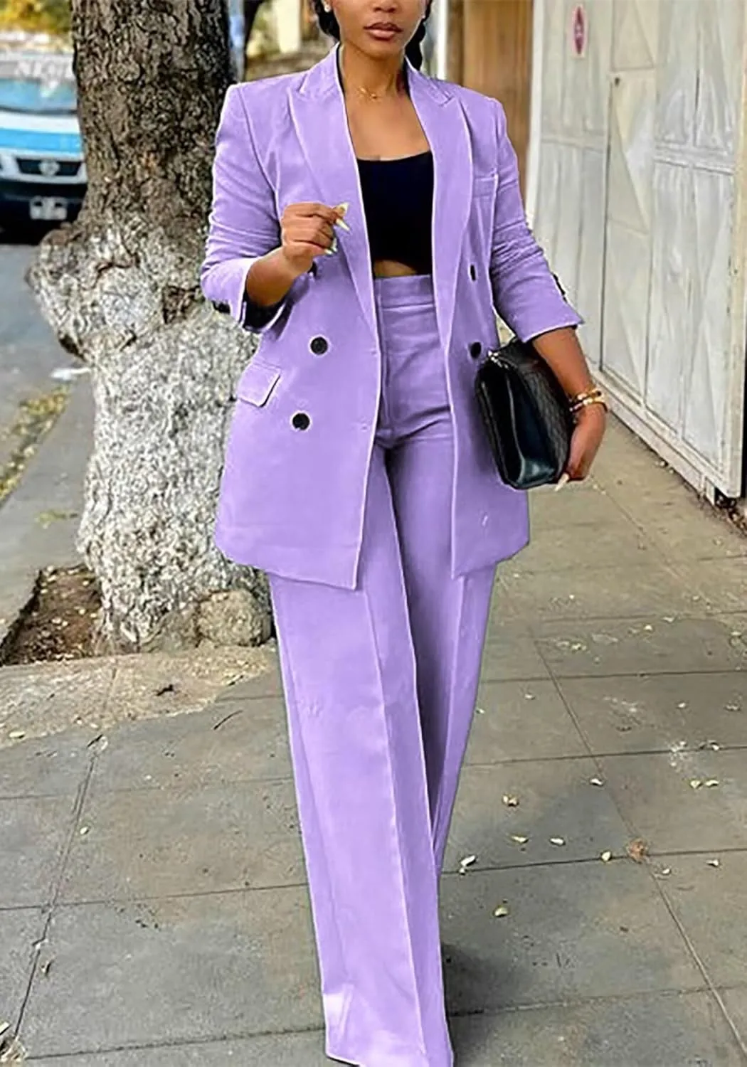 LROSEY 2 Piece Outfits for Women Double Breasted Blazer Jackets High Waisted Wide Leg Pants Suits Set Casual Business