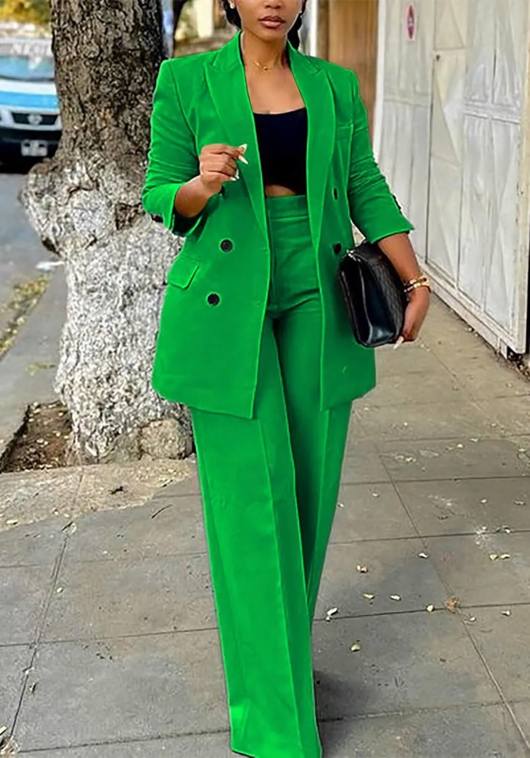 LROSEY 2 Piece Outfits for Women Double Breasted Blazer Jackets High Waisted Wide Leg Pants Suits Set Casual Business