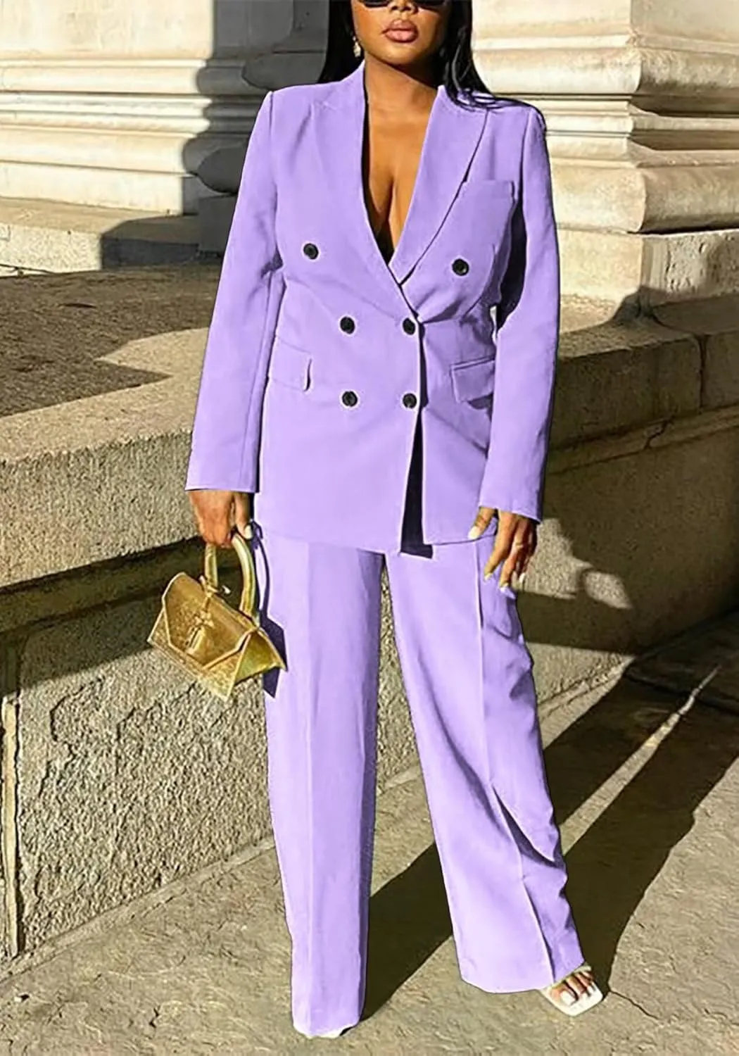 LROSEY 2 Piece Outfits for Women Double Breasted Blazer Jackets High Waisted Wide Leg Pants Suits Set Casual Business