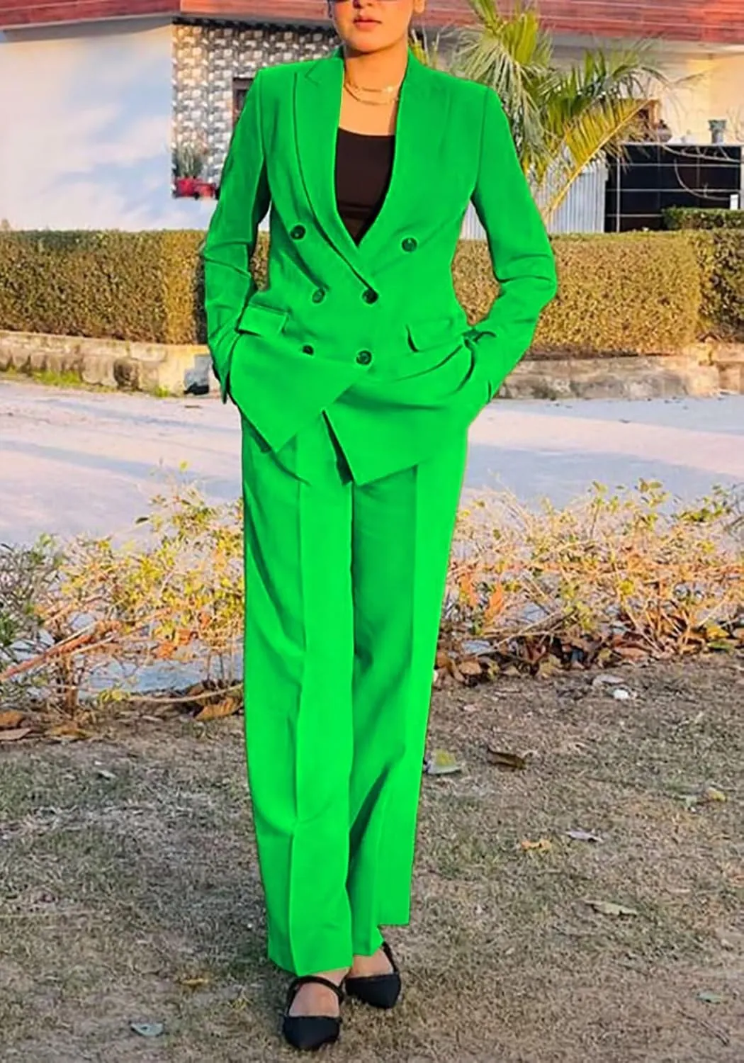 LROSEY 2 Piece Outfits for Women Double Breasted Blazer Jackets High Waisted Wide Leg Pants Suits Set Casual Business
