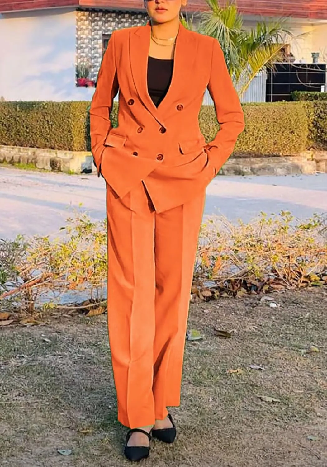 LROSEY 2 Piece Outfits for Women Double Breasted Blazer Jackets High Waisted Wide Leg Pants Suits Set Casual Business