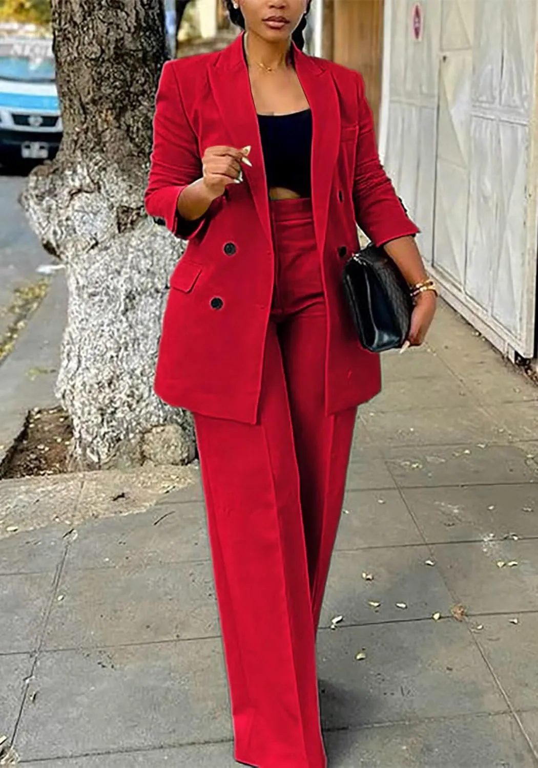LROSEY 2 Piece Outfits for Women Double Breasted Blazer Jackets High Waisted Wide Leg Pants Suits Set Casual Business