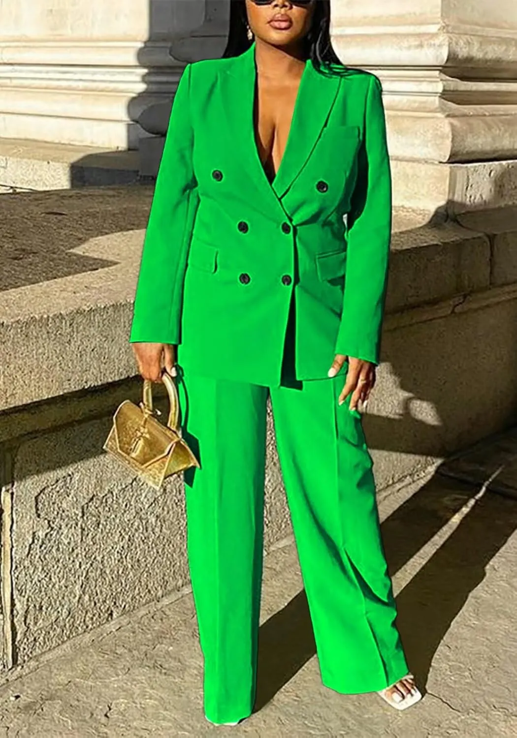 LROSEY 2 Piece Outfits for Women Double Breasted Blazer Jackets High Waisted Wide Leg Pants Suits Set Casual Business