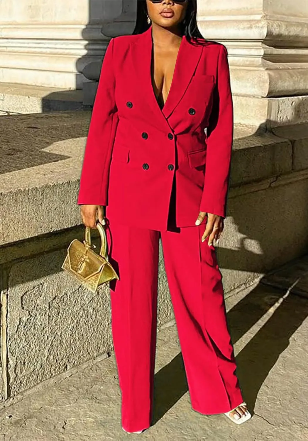 LROSEY 2 Piece Outfits for Women Double Breasted Blazer Jackets High Waisted Wide Leg Pants Suits Set Casual Business