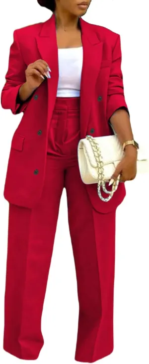 LROSEY 2 Piece Outfits for Women Double Breasted Blazer Jackets High Waisted Wide Leg Pants Suits Set Casual Business