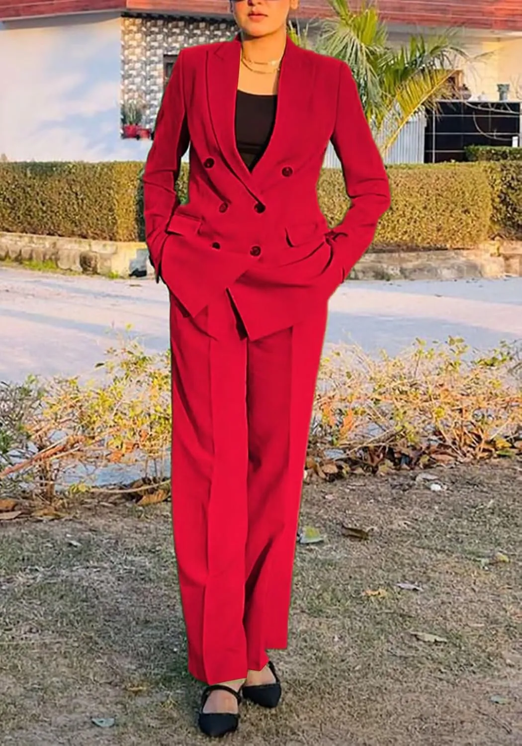 LROSEY 2 Piece Outfits for Women Double Breasted Blazer Jackets High Waisted Wide Leg Pants Suits Set Casual Business