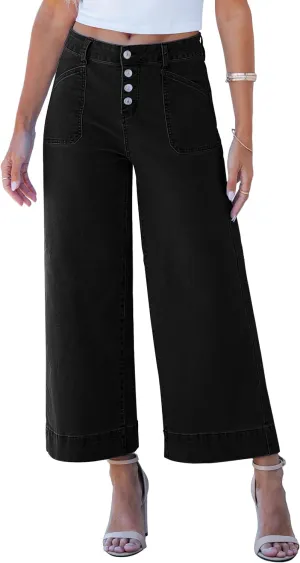 luvamia Wide Leg Jeans for Women Cropped High Waisted Trendy Button Fly Patch Pocket Stretchy Denim Pants Trousers Jeans