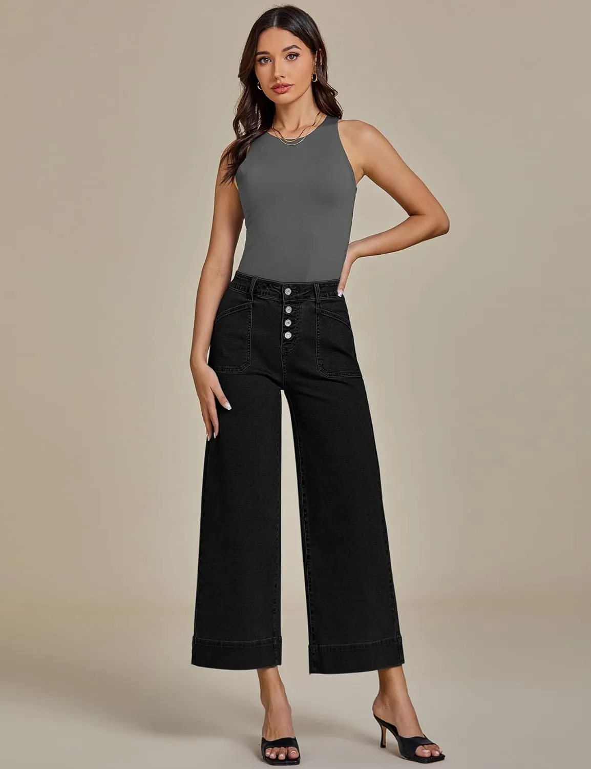 luvamia Wide Leg Jeans for Women Cropped High Waisted Trendy Button Fly Patch Pocket Stretchy Denim Pants Trousers Jeans