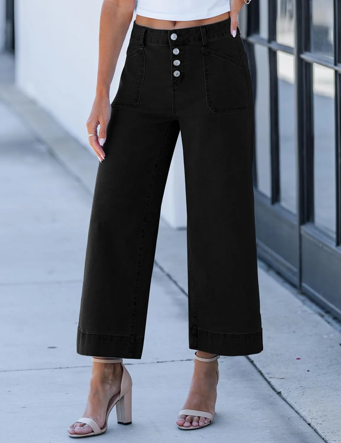luvamia Wide Leg Jeans for Women Cropped High Waisted Trendy Button Fly Patch Pocket Stretchy Denim Pants Trousers Jeans