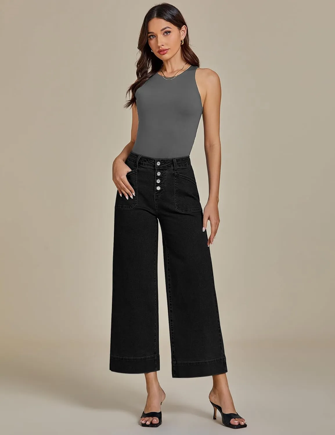 luvamia Wide Leg Jeans for Women Cropped High Waisted Trendy Button Fly Patch Pocket Stretchy Denim Pants Trousers Jeans