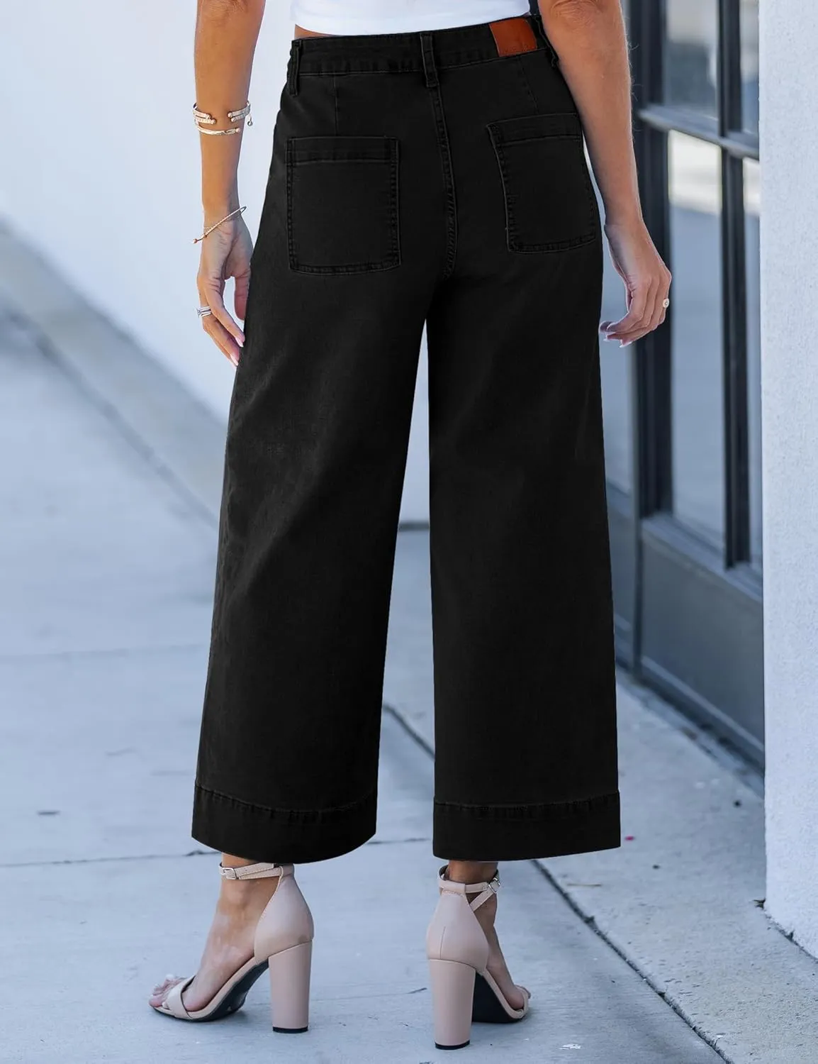 luvamia Wide Leg Jeans for Women Cropped High Waisted Trendy Button Fly Patch Pocket Stretchy Denim Pants Trousers Jeans