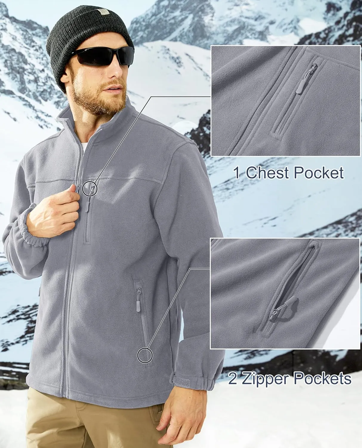 MAGCOMSEN Men's Winter Zip Up Polar Fleece Jacket Athletic Tactical Hiking Outdoor Jackets with 3 Pockets