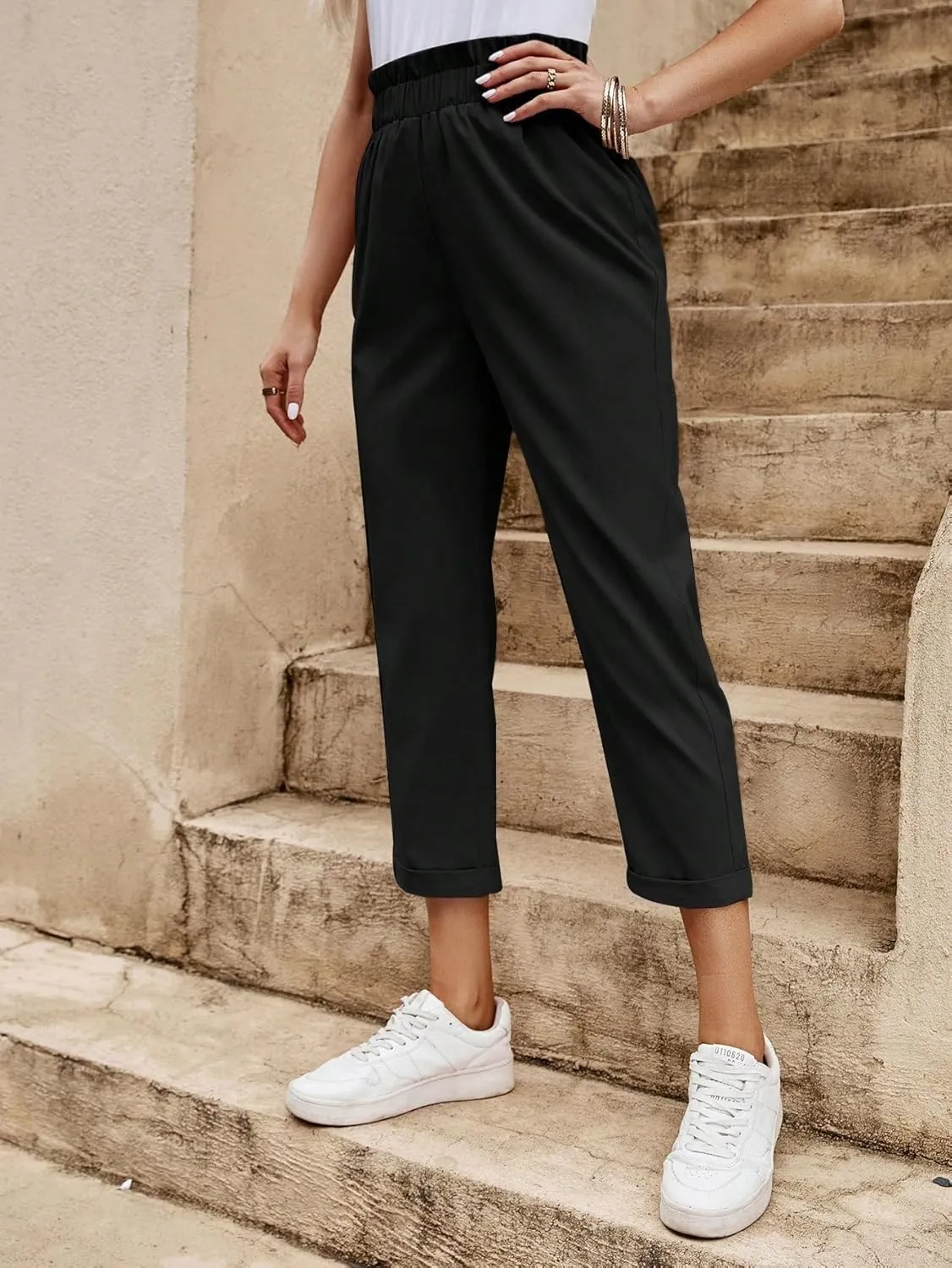 MakeMeChic Women's Casual Solid High Waist Pocket Crop Straight Leg Pants Trousers