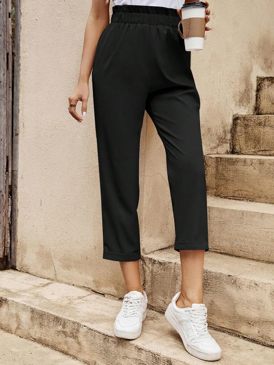 MakeMeChic Women's Casual Solid High Waist Pocket Crop Straight Leg Pants Trousers