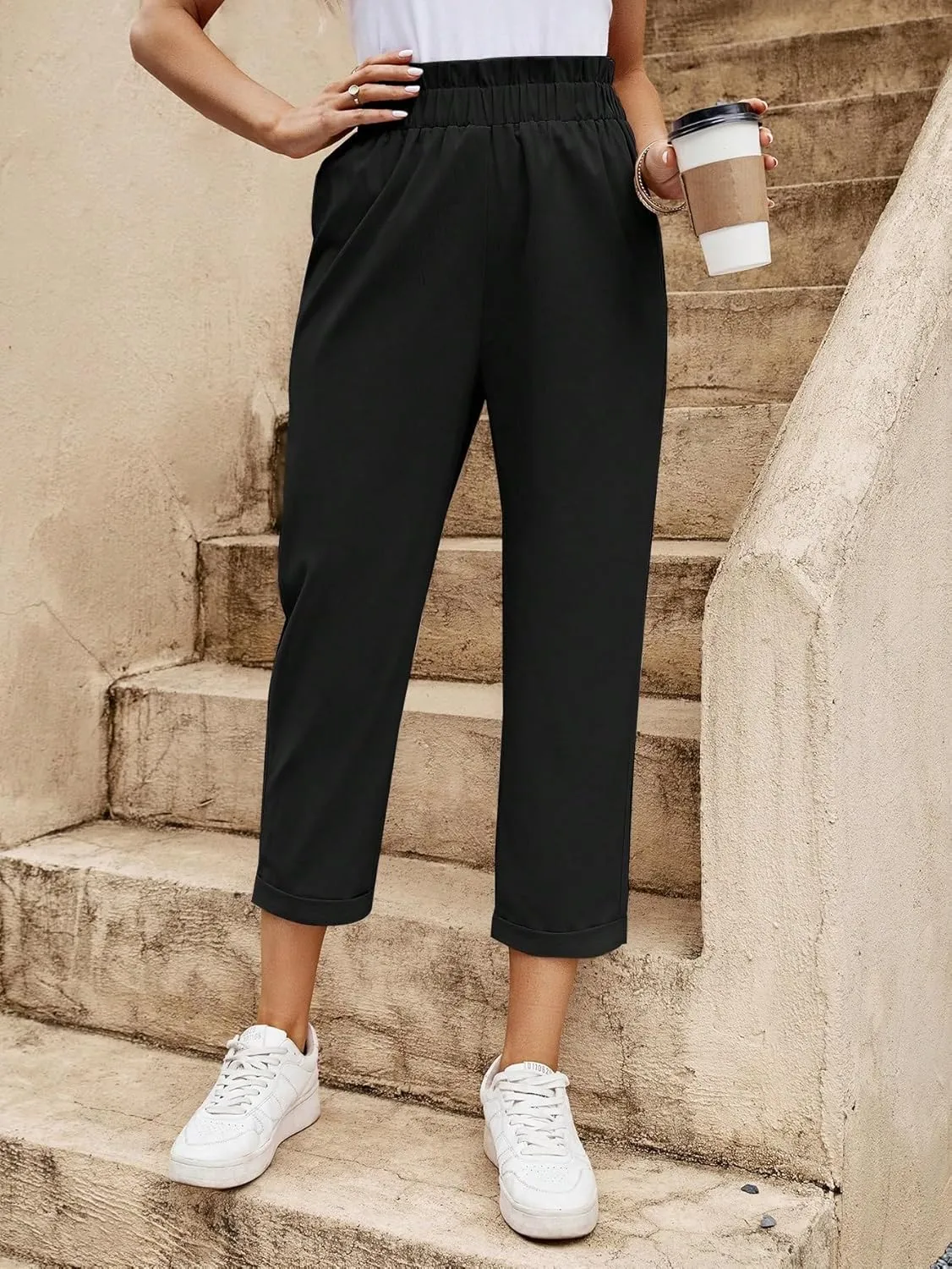 MakeMeChic Women's Casual Solid High Waist Pocket Crop Straight Leg Pants Trousers