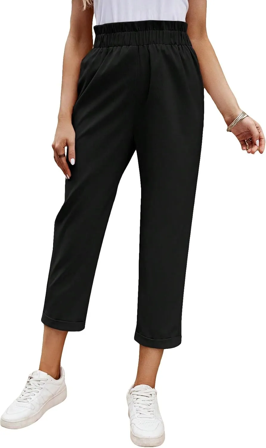 MakeMeChic Women's Casual Solid High Waist Pocket Crop Straight Leg Pants Trousers