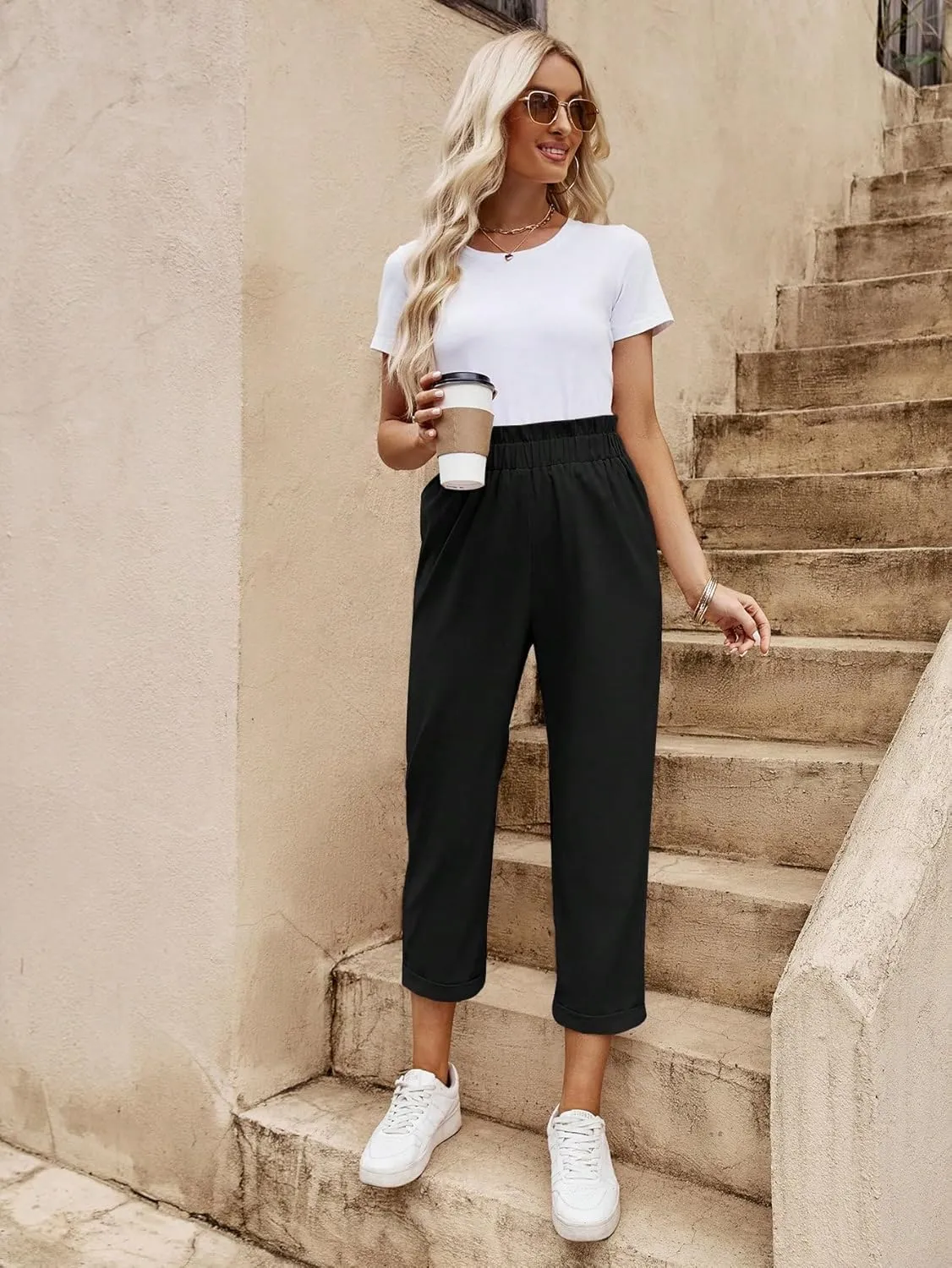 MakeMeChic Women's Casual Solid High Waist Pocket Crop Straight Leg Pants Trousers