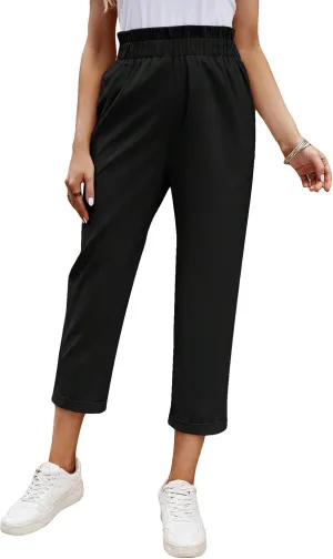 MakeMeChic Women's Casual Solid High Waist Pocket Crop Straight Leg Pants Trousers