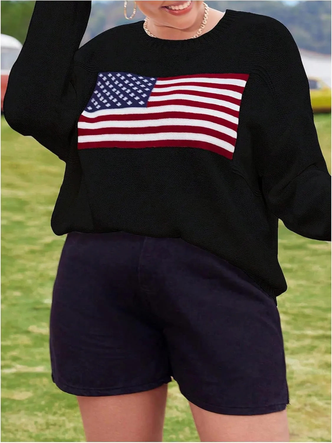 MakeMeChic Women's Plus Size American Flag Sweater Long Sleeve Crew Neck Knitted Fall Sweaters