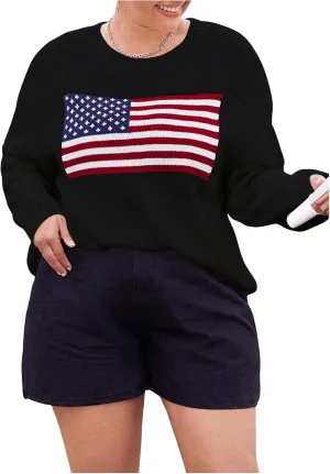 MakeMeChic Women's Plus Size American Flag Sweater Long Sleeve Crew Neck Knitted Fall Sweaters
