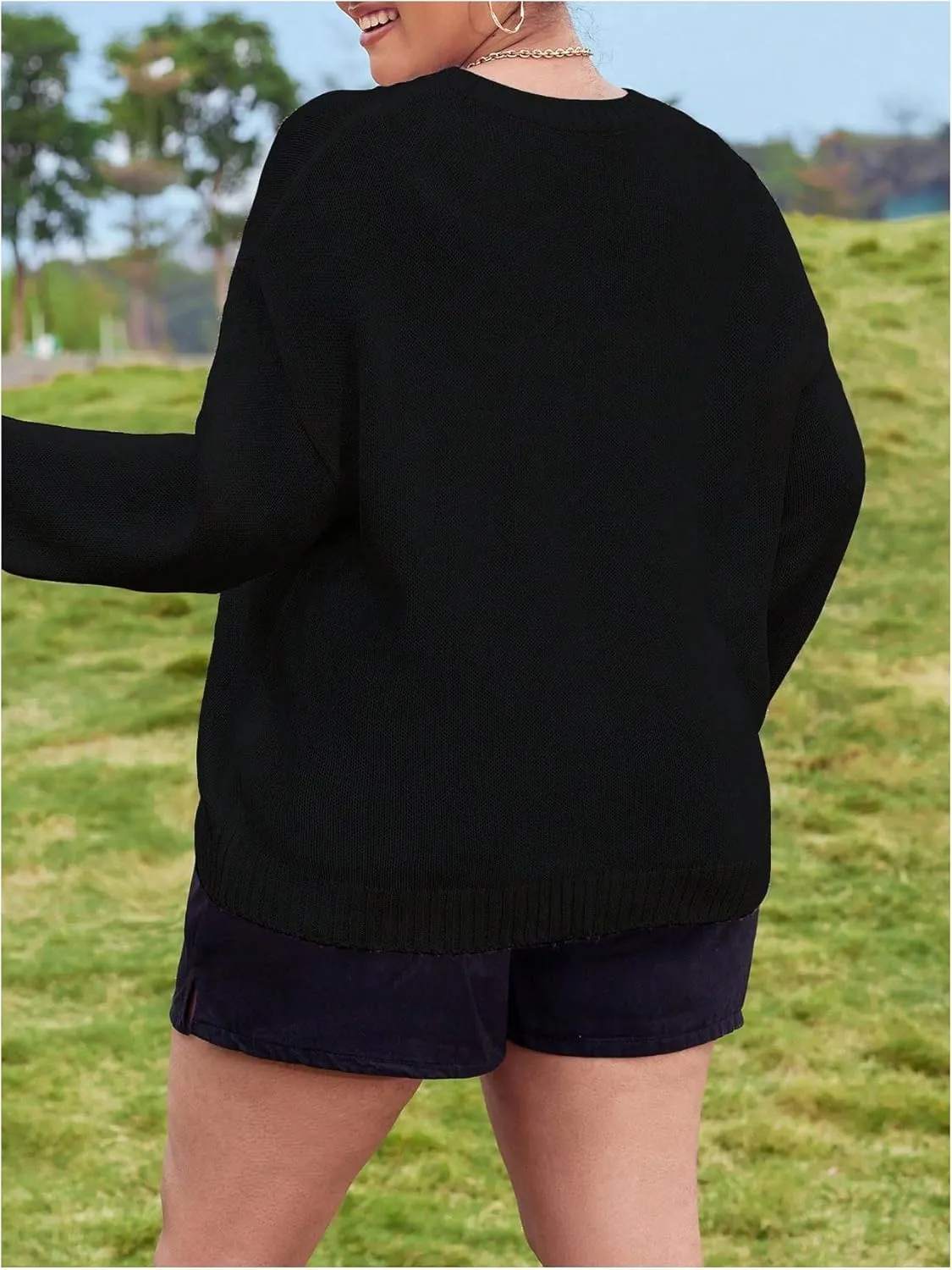 MakeMeChic Women's Plus Size American Flag Sweater Long Sleeve Crew Neck Knitted Fall Sweaters