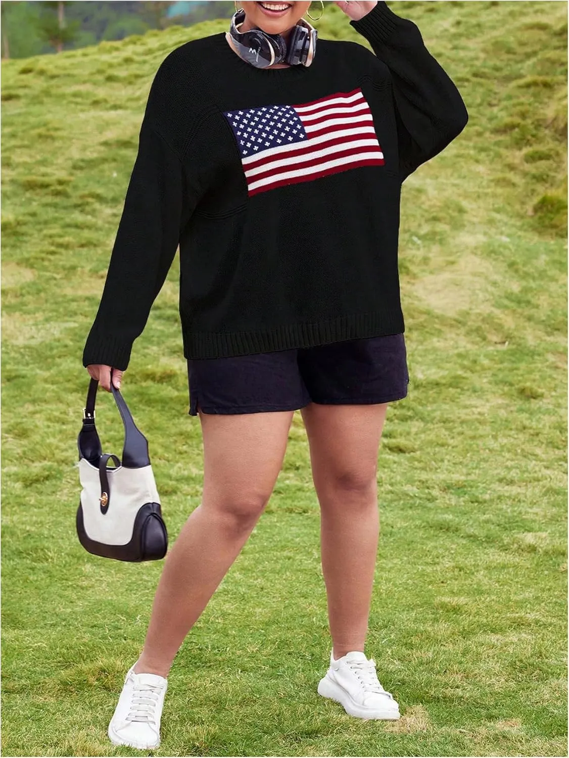MakeMeChic Women's Plus Size American Flag Sweater Long Sleeve Crew Neck Knitted Fall Sweaters