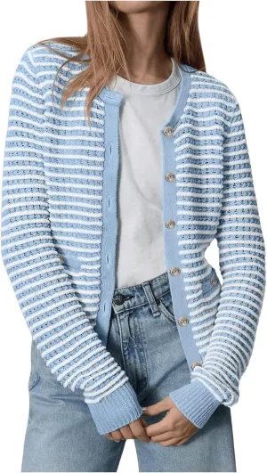 MakeMeChic Women's Striped Cable Knit Cardigan Sweaters Button Down Crew Neck Long Sleeve Cardigans