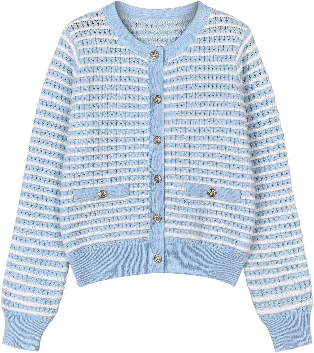MakeMeChic Women's Striped Cable Knit Cardigan Sweaters Button Down Crew Neck Long Sleeve Cardigans
