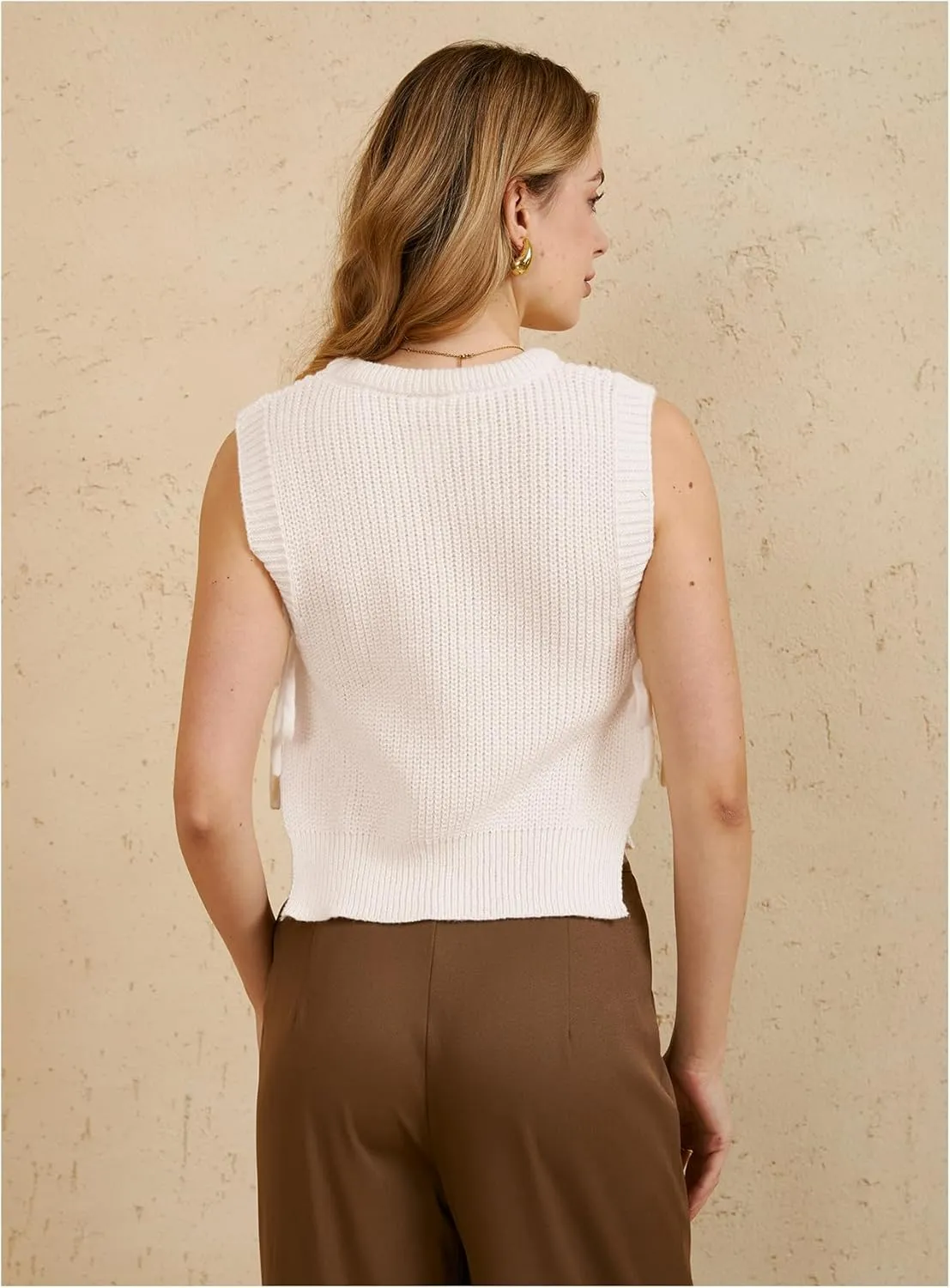 MakeMeChic Women's Tie Side Split Hem Crochet Knitted Sweater Vest Sleeveless Crew Neck Sweaters Tank Top