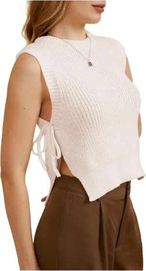 MakeMeChic Women's Tie Side Split Hem Crochet Knitted Sweater Vest Sleeveless Crew Neck Sweaters Tank Top