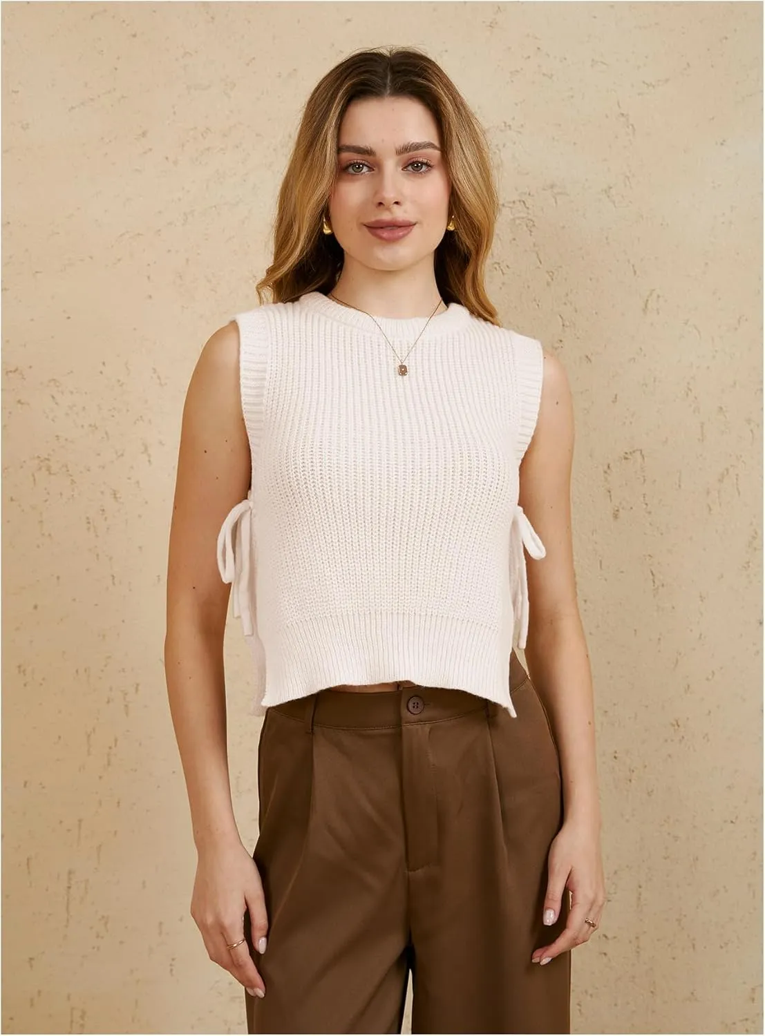 MakeMeChic Women's Tie Side Split Hem Crochet Knitted Sweater Vest Sleeveless Crew Neck Sweaters Tank Top