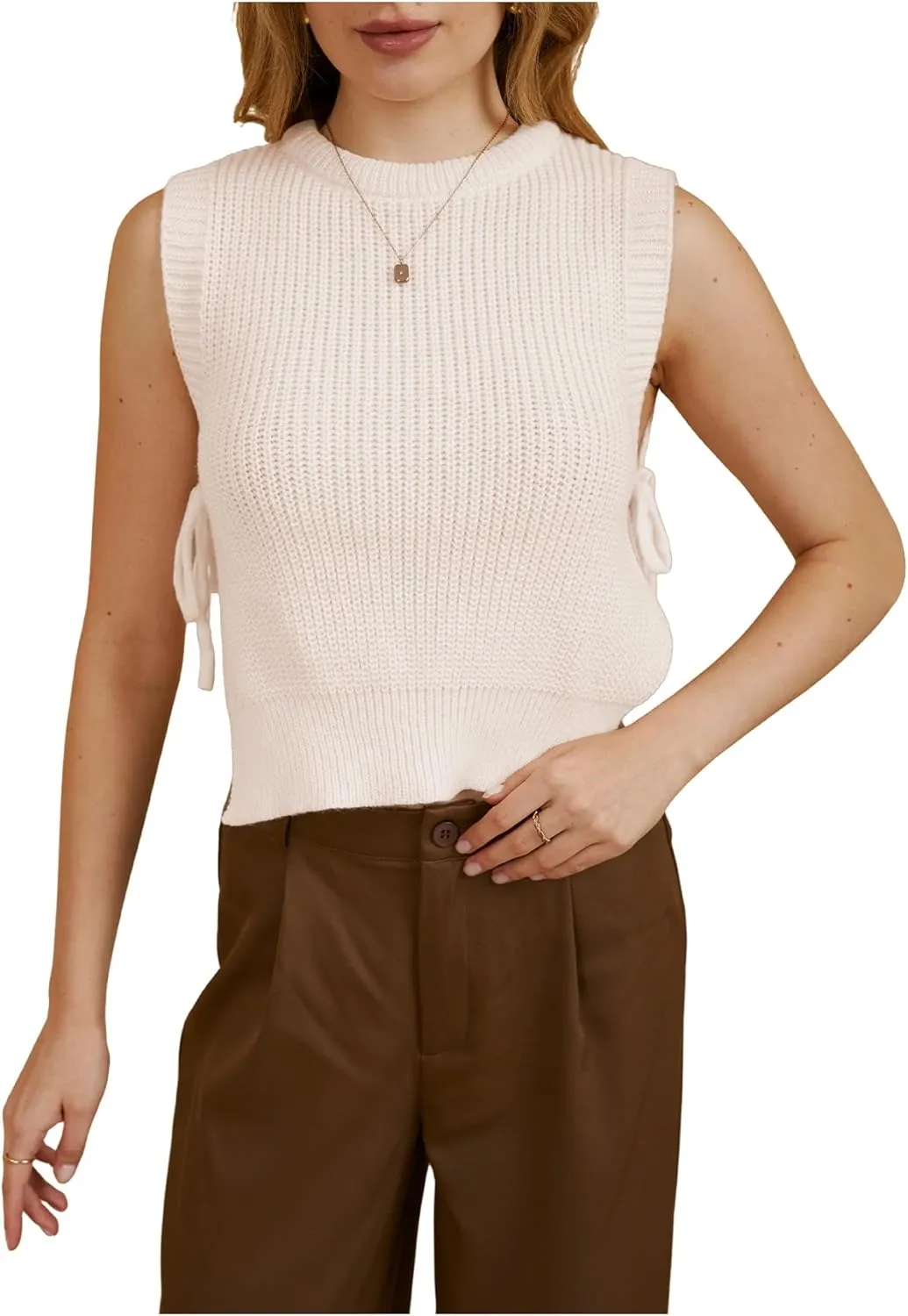 MakeMeChic Women's Tie Side Split Hem Crochet Knitted Sweater Vest Sleeveless Crew Neck Sweaters Tank Top