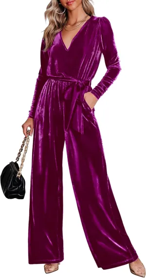 MASCOMODA 2024 Velvet Long Sleeve Wide Leg Jumpsuits for Women Dressy V Neck Belted Romper One Piece Fall Outfits with Pocket