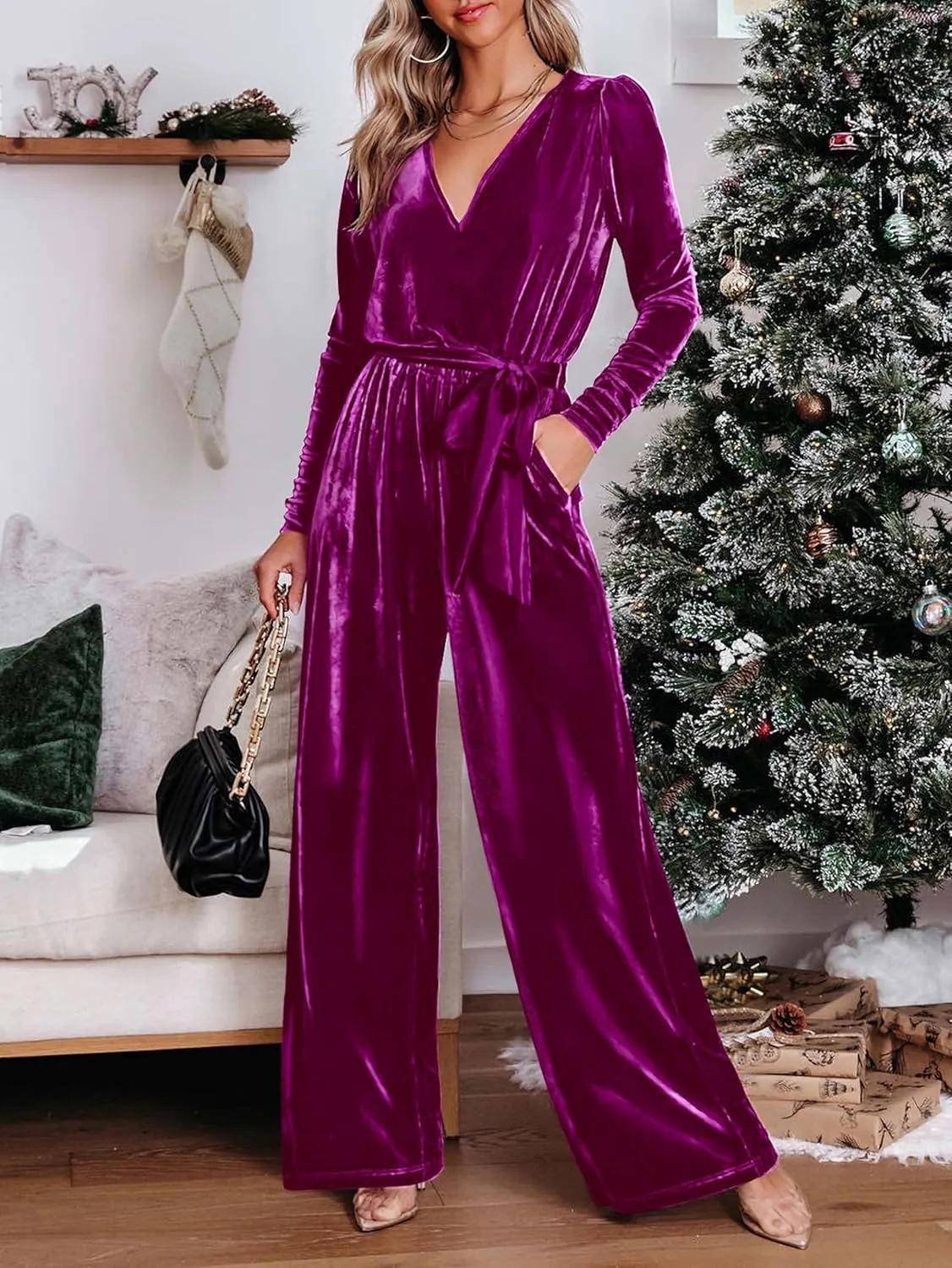 MASCOMODA 2024 Velvet Long Sleeve Wide Leg Jumpsuits for Women Dressy V Neck Belted Romper One Piece Fall Outfits with Pocket