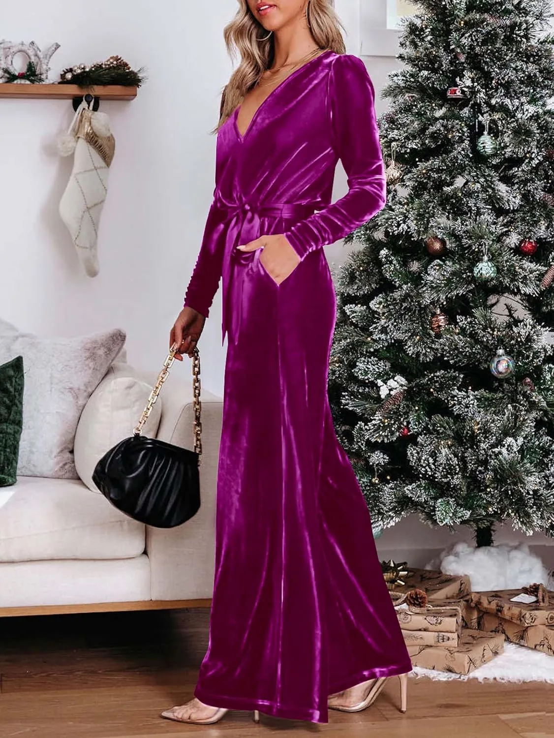 MASCOMODA 2024 Velvet Long Sleeve Wide Leg Jumpsuits for Women Dressy V Neck Belted Romper One Piece Fall Outfits with Pocket