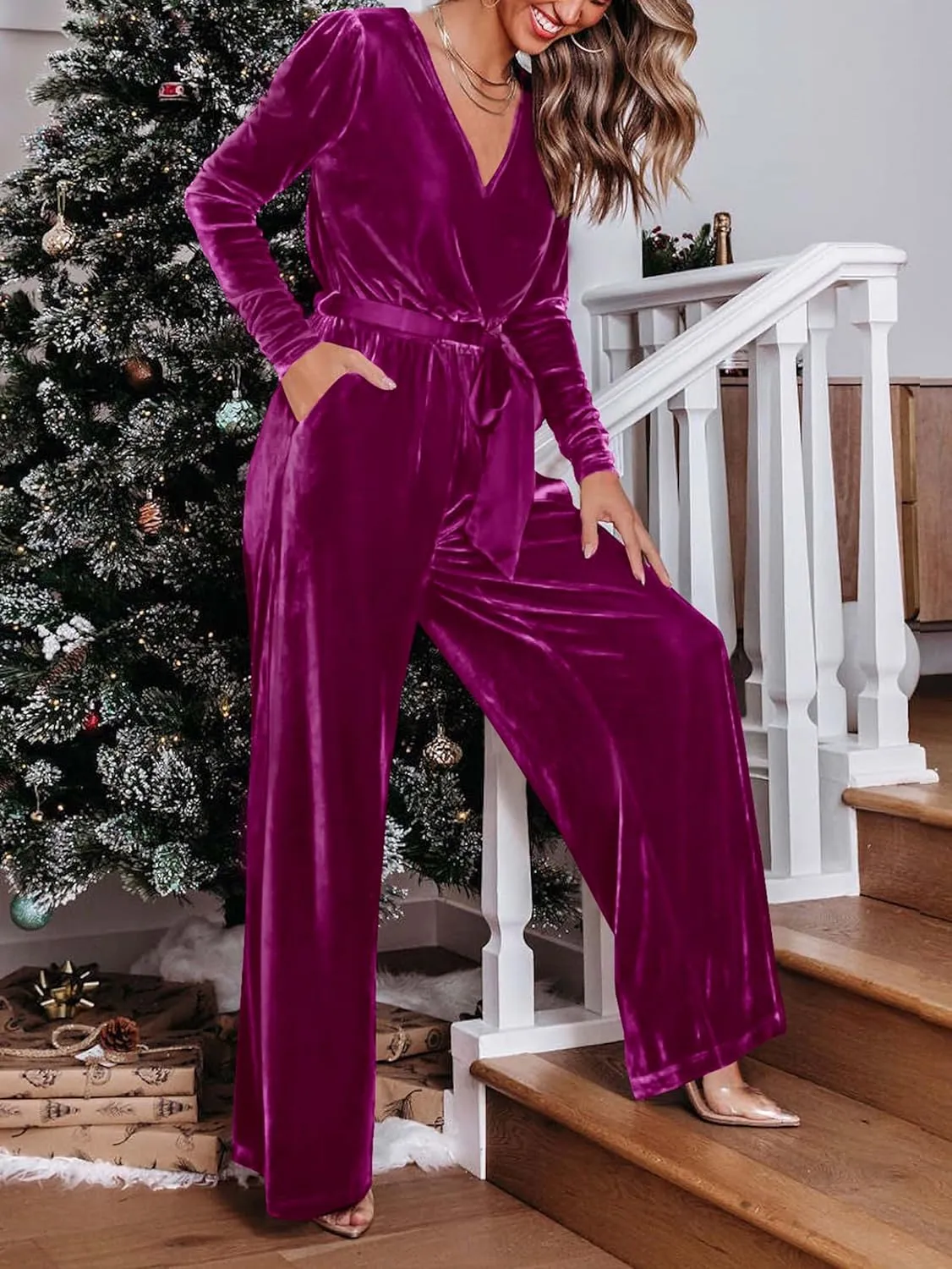 MASCOMODA 2024 Velvet Long Sleeve Wide Leg Jumpsuits for Women Dressy V Neck Belted Romper One Piece Fall Outfits with Pocket