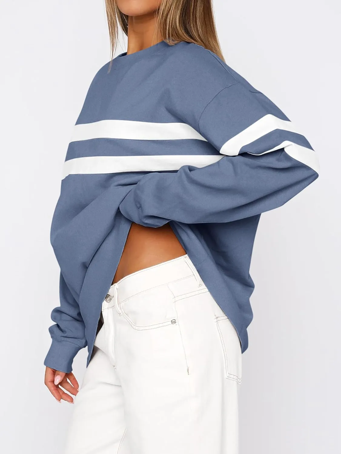 MASCOMODA Women's 2025 Striped Oversized Sweatshirt Fall Crewneck Long Sleeve Shirts Casual Color Block Pullover Tops