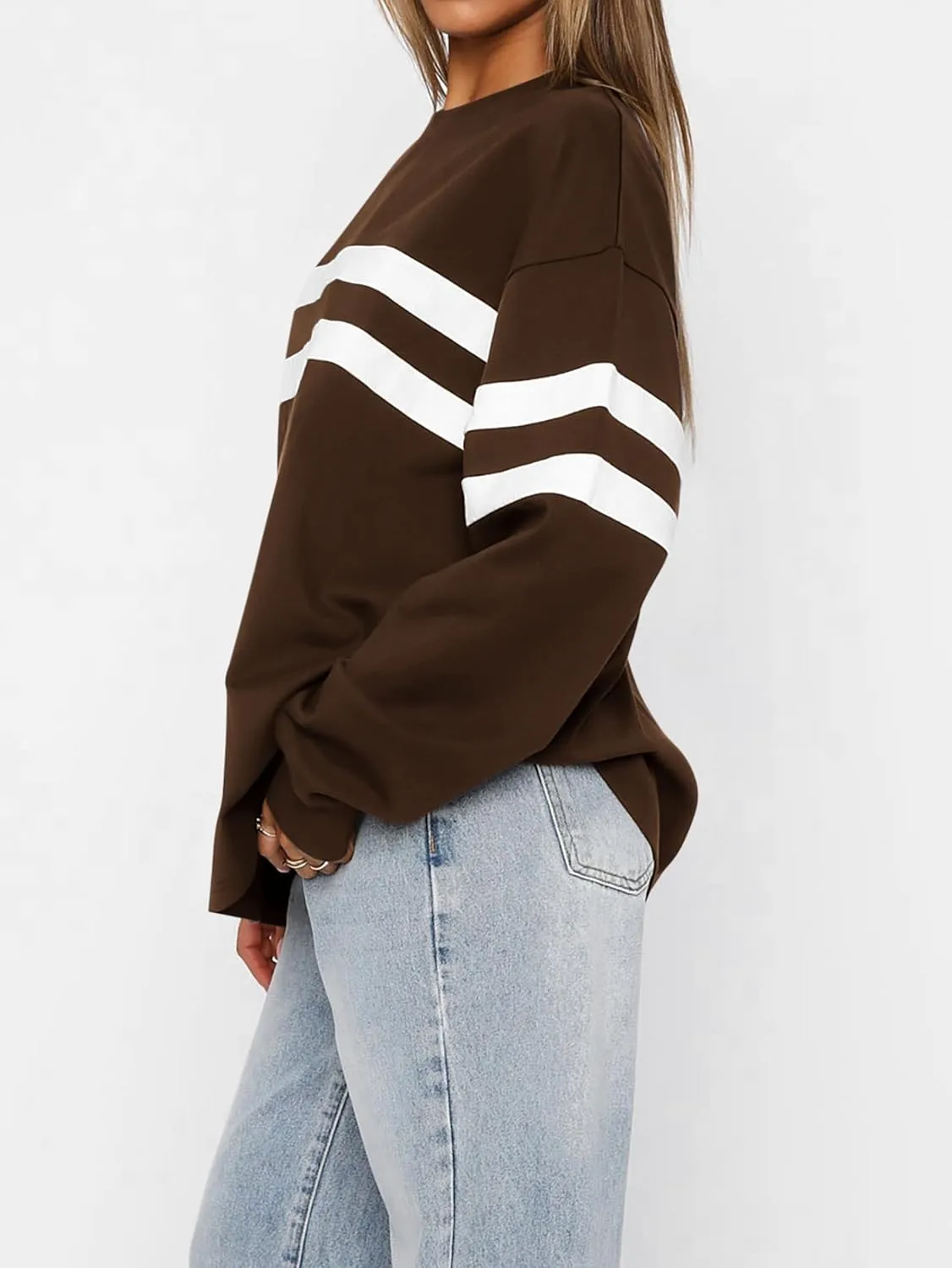 MASCOMODA Women's 2025 Striped Oversized Sweatshirt Fall Crewneck Long Sleeve Shirts Casual Color Block Pullover Tops