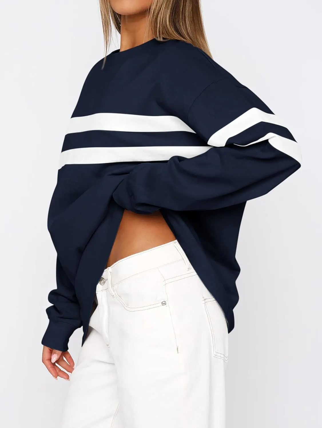 MASCOMODA Women's 2025 Striped Oversized Sweatshirt Fall Crewneck Long Sleeve Shirts Casual Color Block Pullover Tops