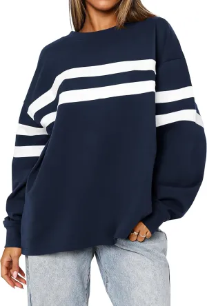 MASCOMODA Women's 2025 Striped Oversized Sweatshirt Fall Crewneck Long Sleeve Shirts Casual Color Block Pullover Tops
