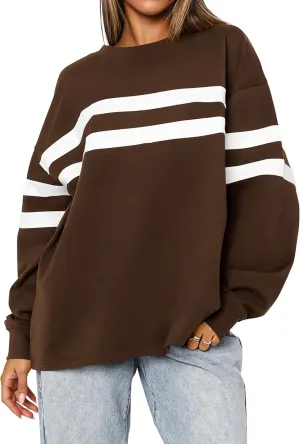 MASCOMODA Women's 2025 Striped Oversized Sweatshirt Fall Crewneck Long Sleeve Shirts Casual Color Block Pullover Tops