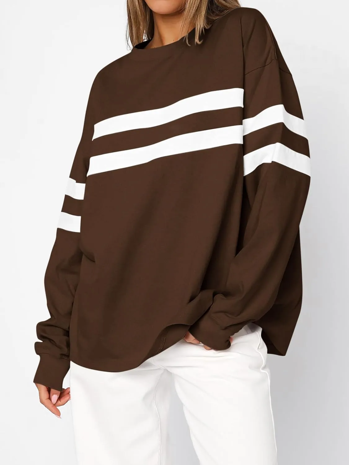 MASCOMODA Women's 2025 Striped Oversized Sweatshirt Fall Crewneck Long Sleeve Shirts Casual Color Block Pullover Tops