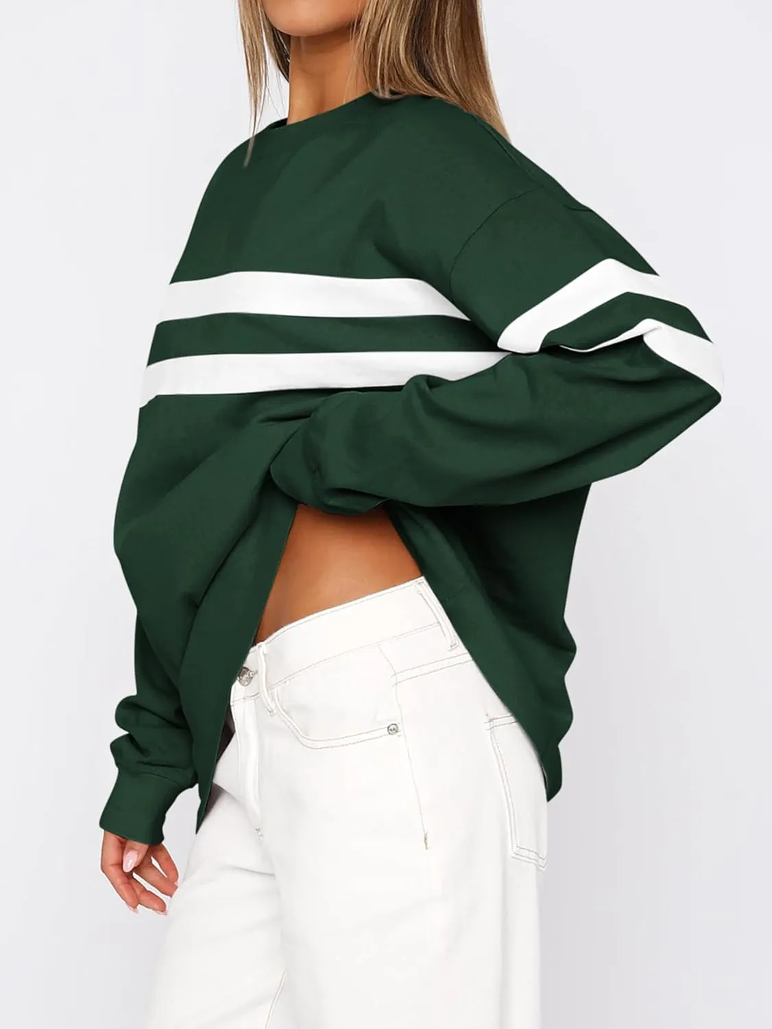 MASCOMODA Women's 2025 Striped Oversized Sweatshirt Fall Crewneck Long Sleeve Shirts Casual Color Block Pullover Tops
