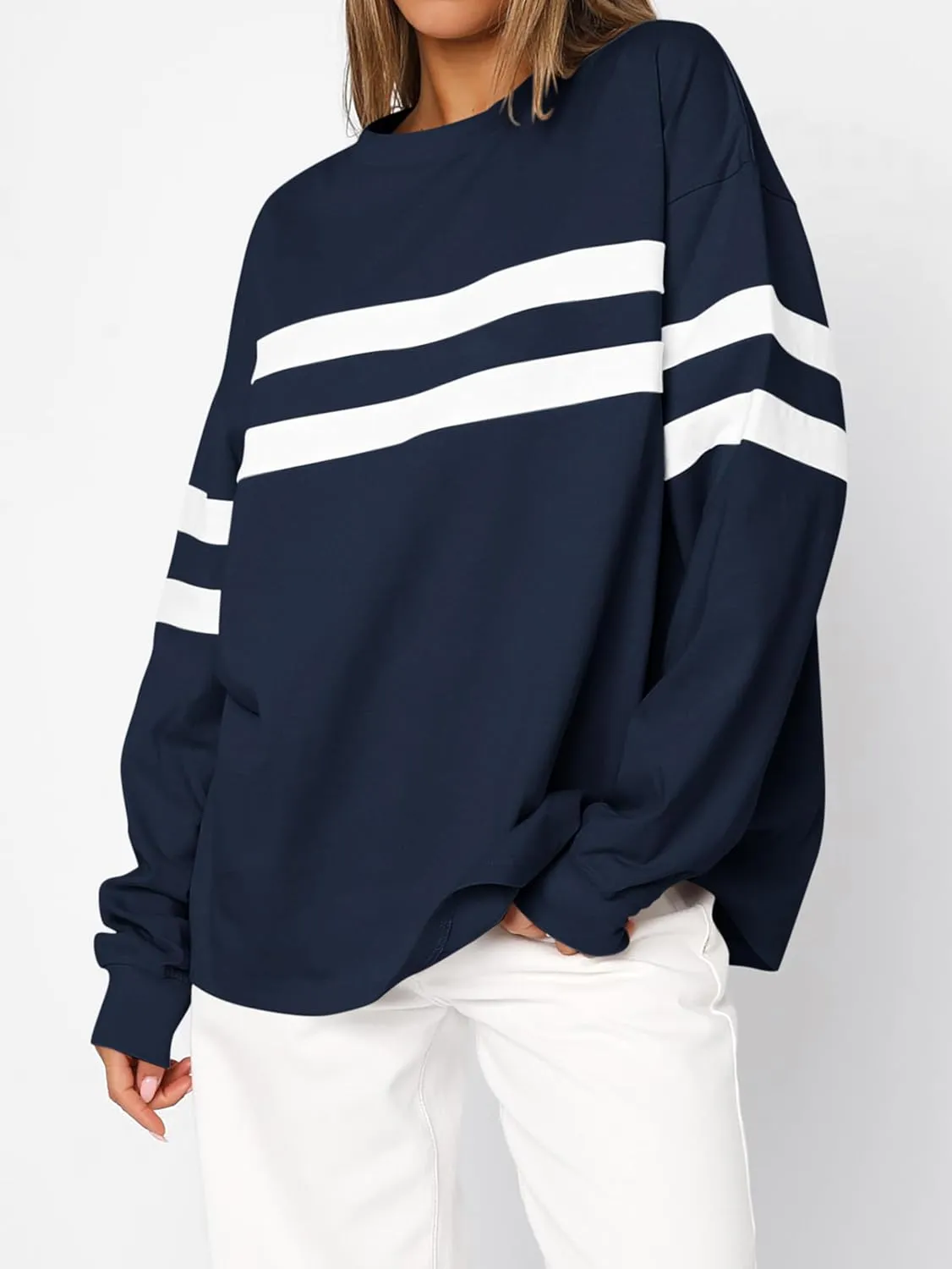 MASCOMODA Women's 2025 Striped Oversized Sweatshirt Fall Crewneck Long Sleeve Shirts Casual Color Block Pullover Tops