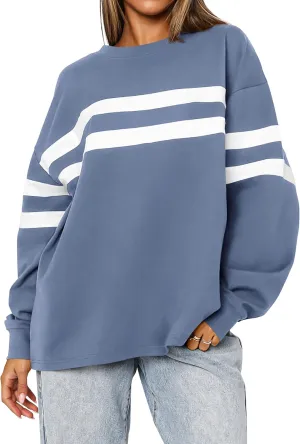 MASCOMODA Women's 2025 Striped Oversized Sweatshirt Fall Crewneck Long Sleeve Shirts Casual Color Block Pullover Tops