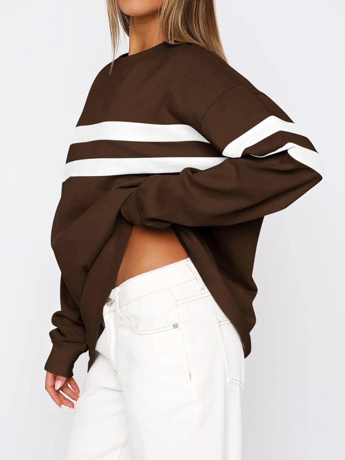 MASCOMODA Women's 2025 Striped Oversized Sweatshirt Fall Crewneck Long Sleeve Shirts Casual Color Block Pullover Tops