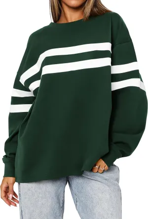 MASCOMODA Women's 2025 Striped Oversized Sweatshirt Fall Crewneck Long Sleeve Shirts Casual Color Block Pullover Tops